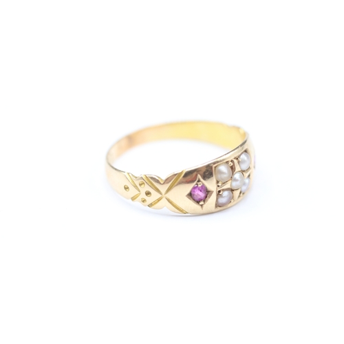 229 - 15ct gold Victorian ruby and seed pearl set ring (2.8g) Size Q