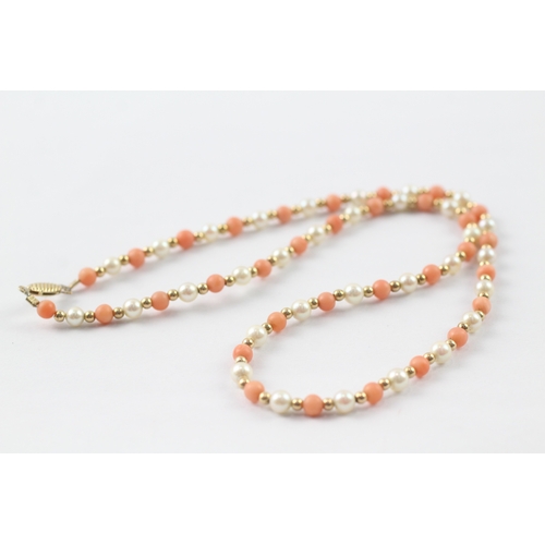 234 - 9ct gold vintage coral & cultured pearl necklace