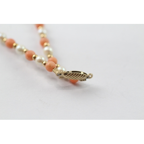 234 - 9ct gold vintage coral & cultured pearl necklace