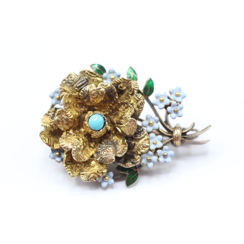 238 - 15ct gold antique turquoise & enamel floral brooch (6.5g)