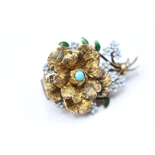 238 - 15ct gold antique turquoise & enamel floral brooch (6.5g)