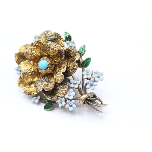 238 - 15ct gold antique turquoise & enamel floral brooch (6.5g)