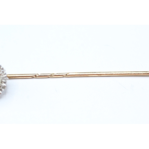 250 - 9ct gold cultured pearl and diamond halo stick pin (2.7g)