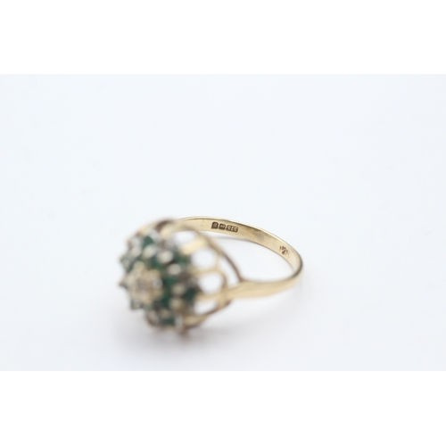 46 - 9ct gold diamond and emerald cluster ring (2.6g) Size M 1/2