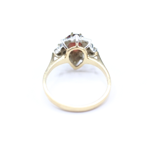 52 - 9ct gold red pear shape gemstone and diamond ring (3.1g) Size P