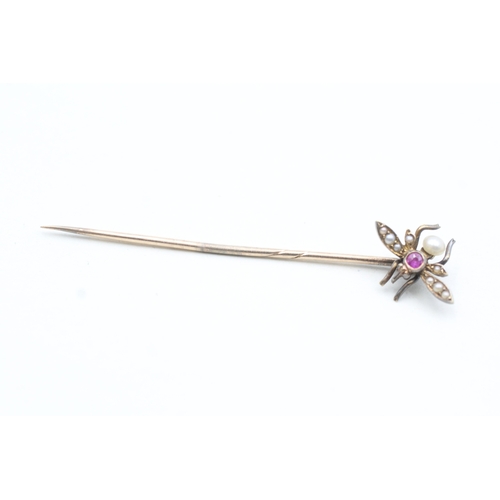 65 - 15ct gold antique seed pearl & ruby insect stick pin with 9ct pin (1.5g)