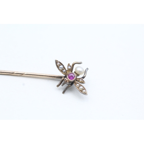 65 - 15ct gold antique seed pearl & ruby insect stick pin with 9ct pin (1.5g)