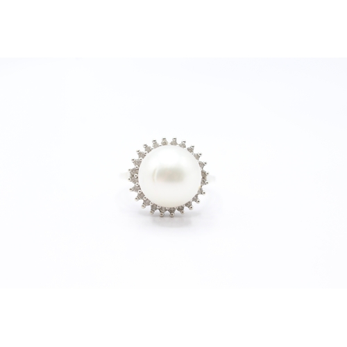 9 - 9ct white gold cultured pearl and white gemstone halo ring (5.6g) Size P 1/2