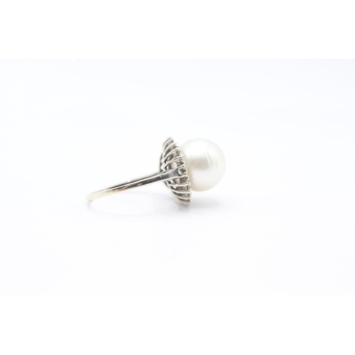 9 - 9ct white gold cultured pearl and white gemstone halo ring (5.6g) Size P 1/2