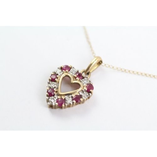 13 - 9ct gold ruby and diamond heart shaped pendant on chain