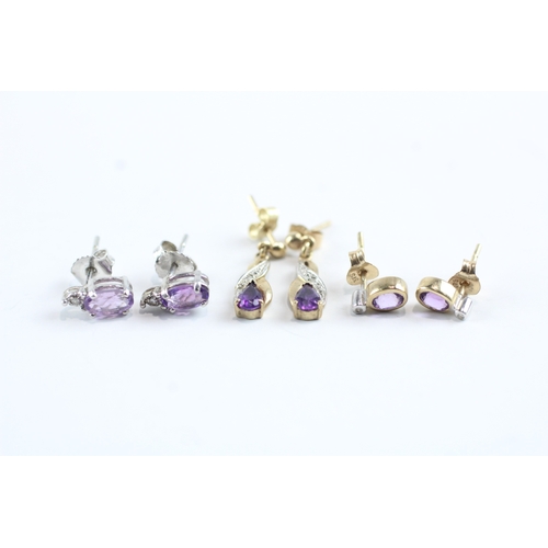 207 - 3x 9ct gold amethyst & diamond drop earrings