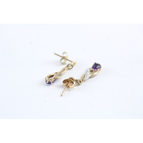 207 - 3x 9ct gold amethyst & diamond drop earrings