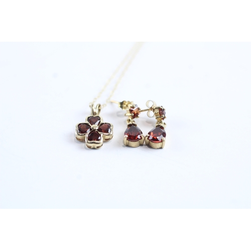 215 - 2x 9ct gold garnet drop earrings & necklace set