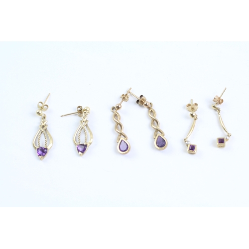 228 - 3x 9ct gold amethyst & diamond drop earrings