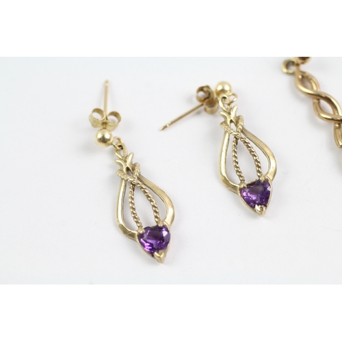 228 - 3x 9ct gold amethyst & diamond drop earrings