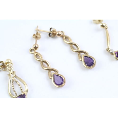 228 - 3x 9ct gold amethyst & diamond drop earrings