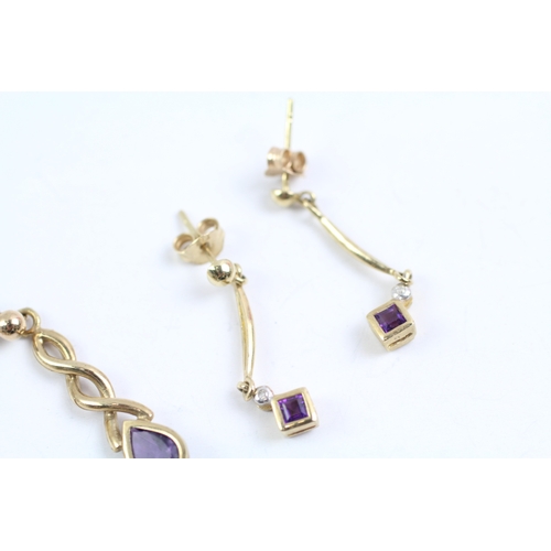 228 - 3x 9ct gold amethyst & diamond drop earrings