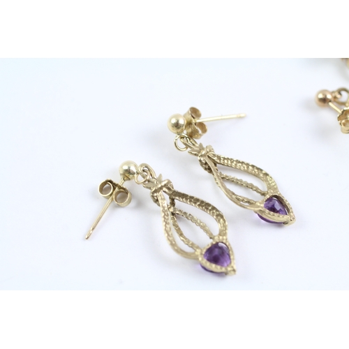 228 - 3x 9ct gold amethyst & diamond drop earrings