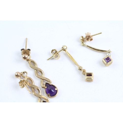 228 - 3x 9ct gold amethyst & diamond drop earrings