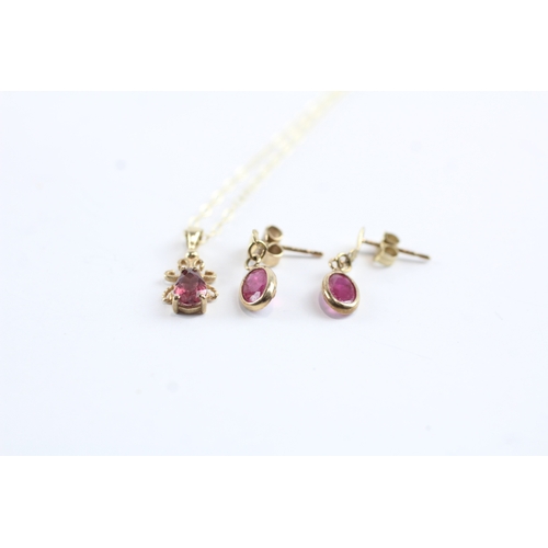 232 - 2x 9ct gold ruby drop earrings & necklace