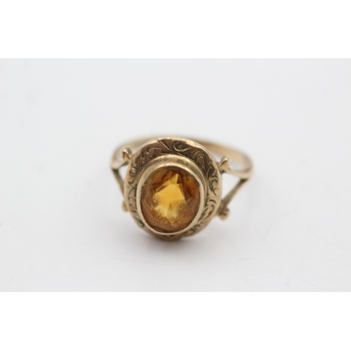 239 - 9ct gold vintage orange gemstone patterned ring (3.3g) Size Q