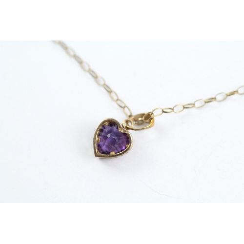 243 - 2x 9ct gold heart shape amethyst drop earrings & necklace set