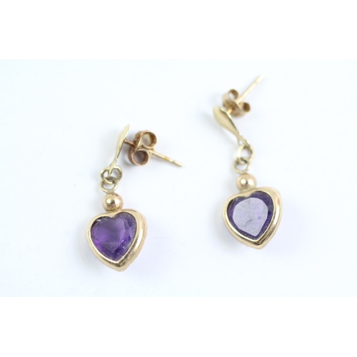 243 - 2x 9ct gold heart shape amethyst drop earrings & necklace set