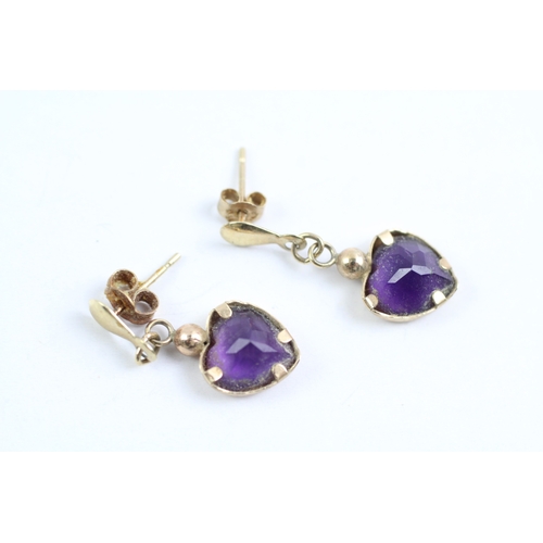 243 - 2x 9ct gold heart shape amethyst drop earrings & necklace set