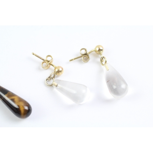 29 - 2x 9ct gold tiger-eye & rock crystal drop earrings