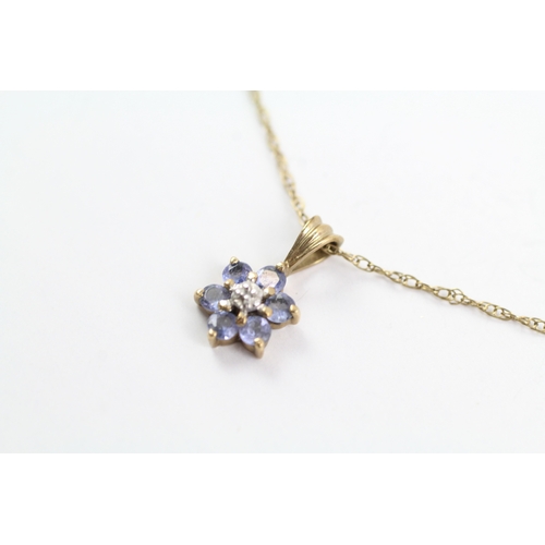 30 - 9ct gold diamond and tanzanite flower pendant on chain Size O