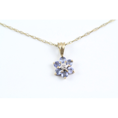 30 - 9ct gold diamond and tanzanite flower pendant on chain Size O