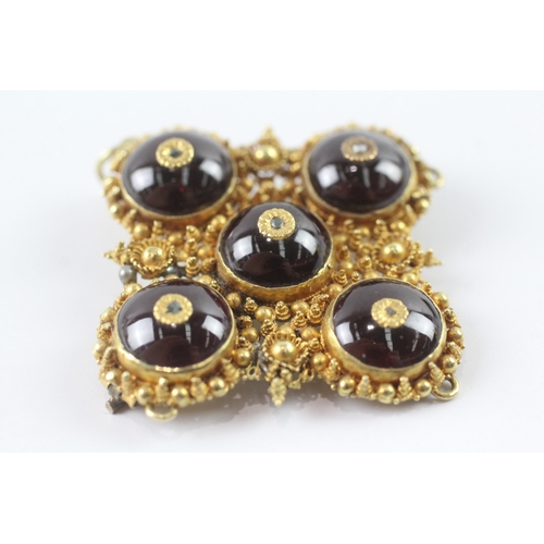 36 - 15ct gold antique etruscan revival garnet & rose cut diamond brooch (14.6g)