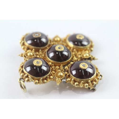 36 - 15ct gold antique etruscan revival garnet & rose cut diamond brooch (14.6g)