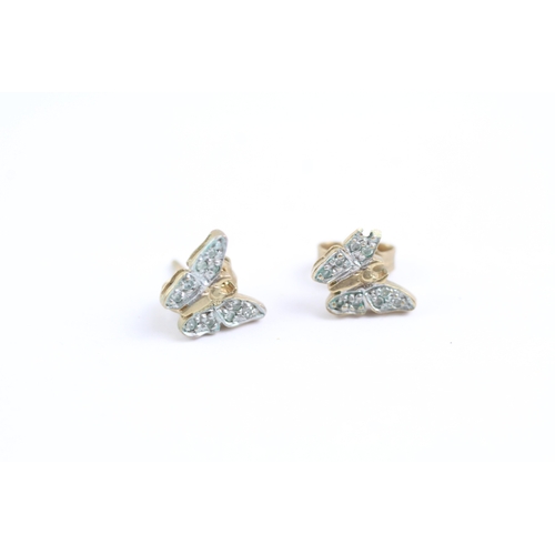 54 - 2x 9ct gold diamond butterfly stud earrings & necklace