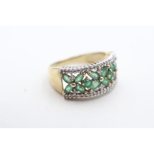 59 - 9ct gold with green gemstones and diamond flower set ring (3.8g) Size N