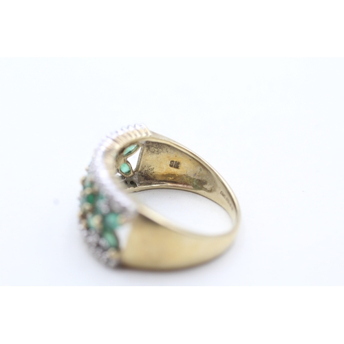 59 - 9ct gold with green gemstones and diamond flower set ring (3.8g) Size N