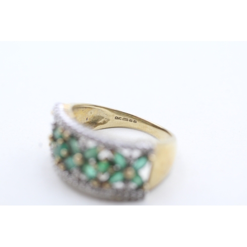 59 - 9ct gold with green gemstones and diamond flower set ring (3.8g) Size N