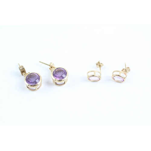 65 - 2x 9ct gold amethyst stud & drop earrings