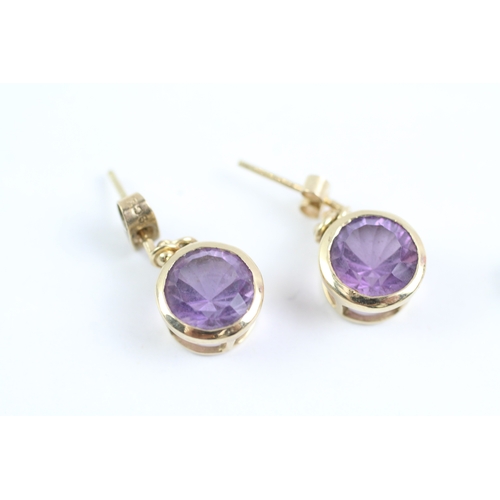 65 - 2x 9ct gold amethyst stud & drop earrings