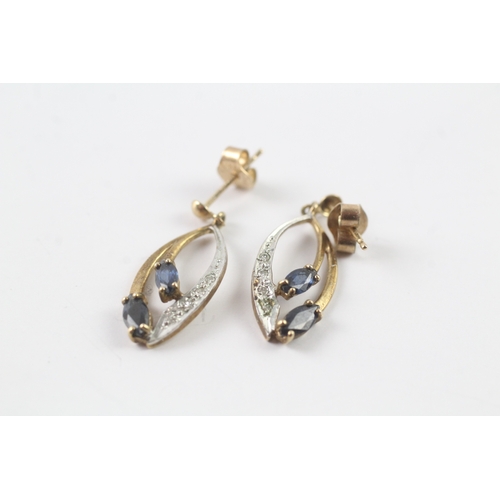 69 - 9ct gold diamond and sapphire drop stud earrings