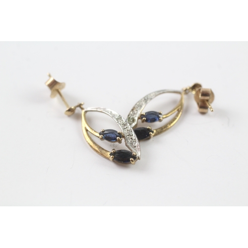 69 - 9ct gold diamond and sapphire drop stud earrings