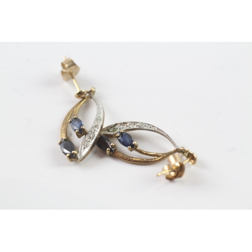 69 - 9ct gold diamond and sapphire drop stud earrings