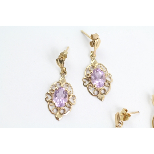 7 - 3x 9ct gold amethyst stud & drop earrings