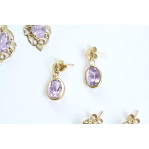 7 - 3x 9ct gold amethyst stud & drop earrings