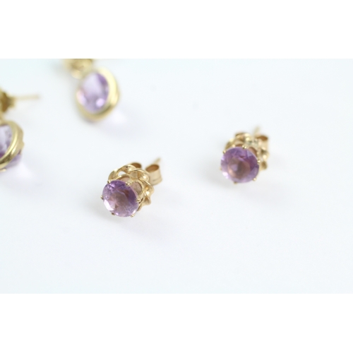 7 - 3x 9ct gold amethyst stud & drop earrings