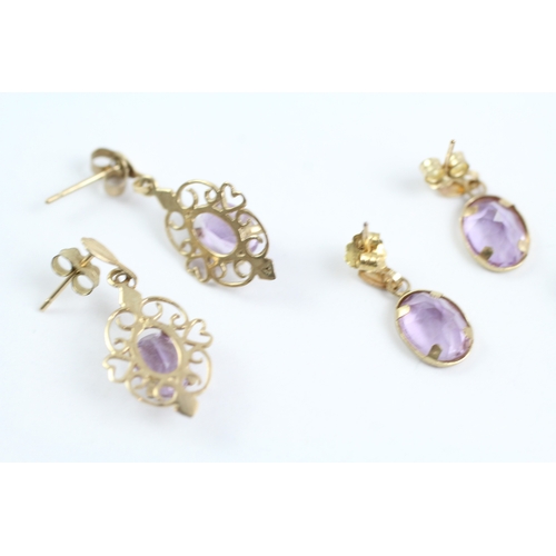 7 - 3x 9ct gold amethyst stud & drop earrings