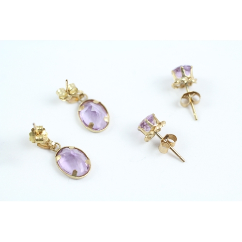 7 - 3x 9ct gold amethyst stud & drop earrings