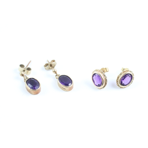 73 - 2x 9ct gold amethyst stud & drop earrings