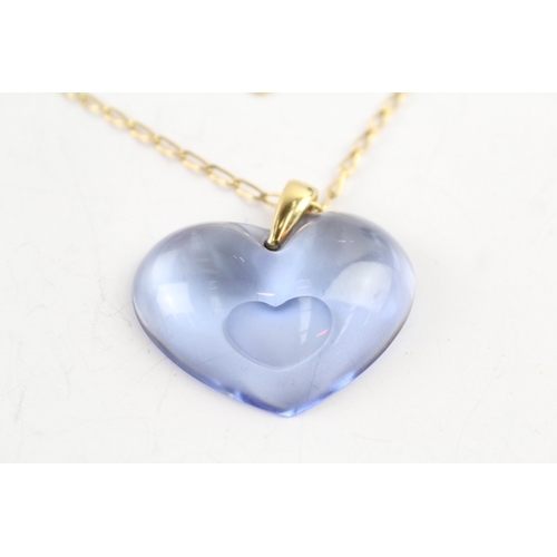 271 - Lalique Glass Blue Heart Pendant w/ Gold Tone Chain 13g