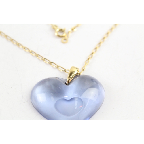 271 - Lalique Glass Blue Heart Pendant w/ Gold Tone Chain 13g